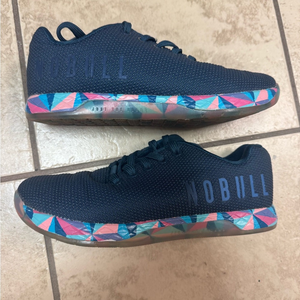 NOBULL Navy Knit Trainers with Pink Teal and Blue Geometric Midsole